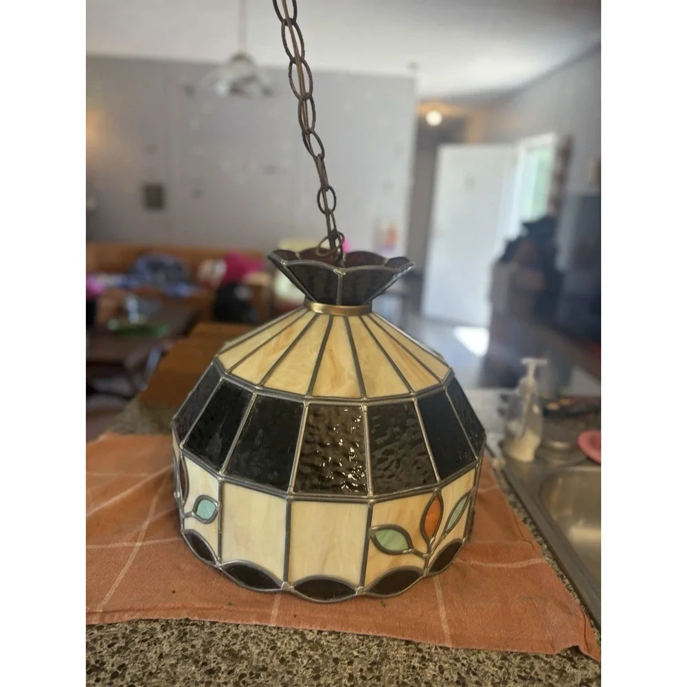 Vintage Leaded Slag Stained Glass Hanging Ceiling Light Swag Lamp